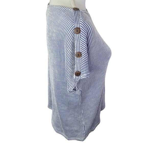 W5 Blouse Button Short Sleeve Striped Vertical Blue White Womens Medium - Picture 5 of 13